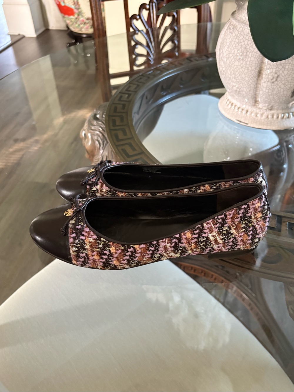 🤎🩷TORY BURCH CAP TOE BALLET LEATHER/TWEED BOUCLE FLATS!🤎🩷 - Picture 4 of 6